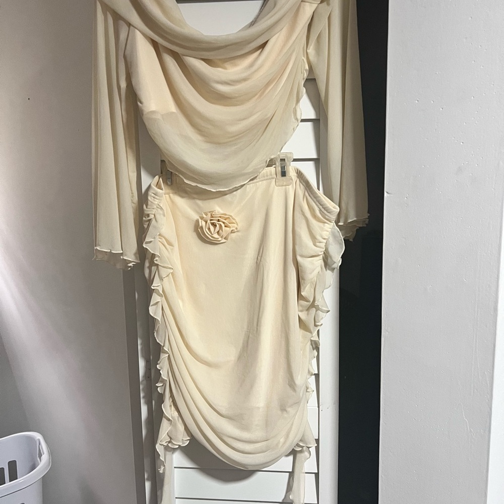 Elegant Cream Draped Dress with Ruffle Details